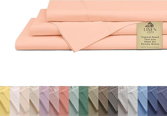 Linen Home 100% Cotton Percale Sheets Twin Size,Tropical Peach, Deep Pocket, 3 Pieces Set - 1 Flat, 1 Deep Pocket Fitted Sheet and 1 Pillowcase, Crisp Cool and Strong Bed Linen