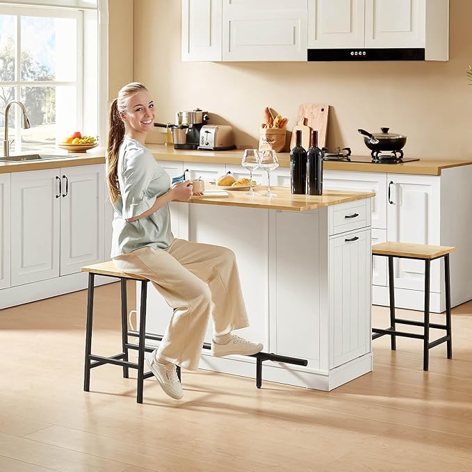 Stationary Kitchen Islands Include 2 Chairs, 47" Kitchen Island with Drop Leaf, Home Bar Table with Spice Rack & with Trash Cabinet, Island Table for Dining Room with Power Outlet, White