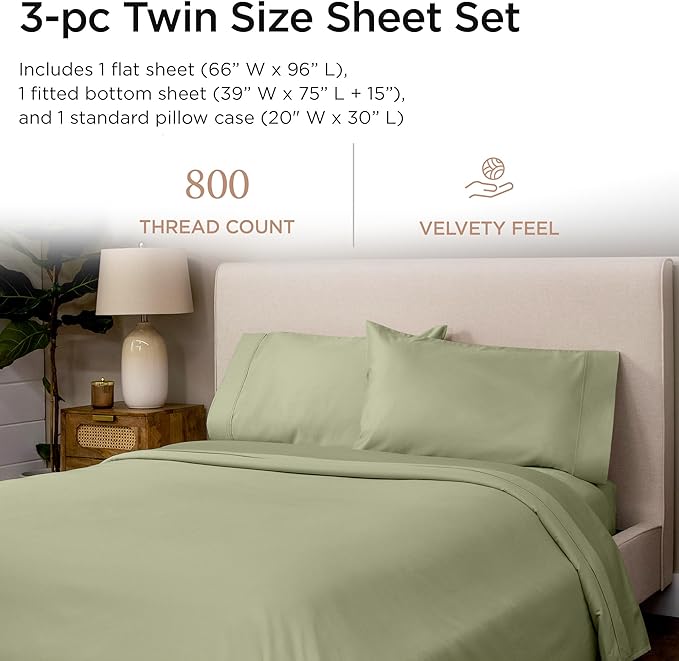 Threadmill Luxury 800 Thread Count Twin 100% Cotton Sheets - Sage Green Bed-Sheets, Sateen Weave Better Than Egyptian Cotton,3 Pc Solid Soft Bedding Set, Fits 15" Deep Pocket