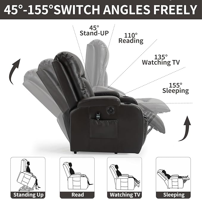 PELUMY Power Lift Recliner Chair for Elderly with Massage & Heat - Heavy Duty Electric Lift Chair, Oversized Recliner, Lay Flat, 8-Point Vibration, Lumbar Heating, USB Port, Cup Holders (Brown)