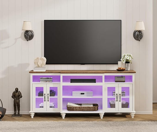 WAMPAT Farmhouse TV Stand with Colorful LED Light, 4-Door Glass Wood Entertainment Center with 9 Storage Cabinets, Media Console Table for Living Room Bedroom，70'', Antique White