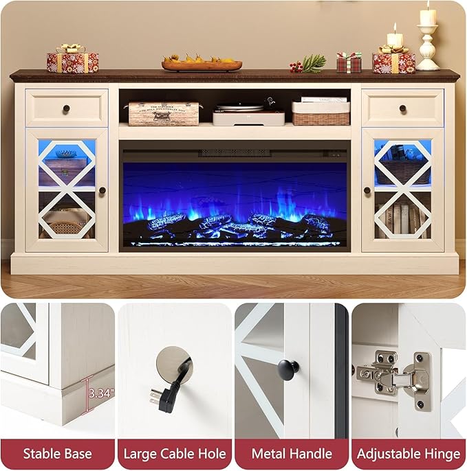 70" Farmhouse Heavy Fireplace TV Stand with 37" Electric Fireplace, TV Console Cabinet with Diamond Door for Living Room, Large LED Entertainment Center with Storage for 80" TVs, White