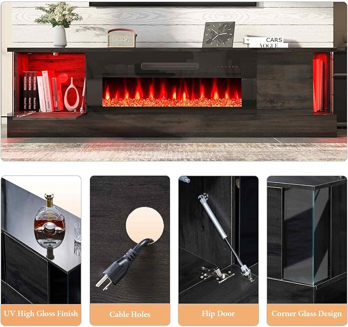AMERLIFE 70" Glossy Oak Fireplace TV Stand with 36" Fireplace for TVs up to 80", LED Lights Entertainment Center with Flip Doors & Corner Glass, Modern TV Console Table, Living Room, Black