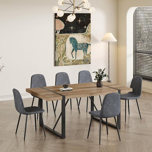 Dining Table Set for 6，Dinner Table Set for 6，71'' Kitchen Table and Suede Nap Fabic Chairs Set of 6，6 Chair Dining Table Set for Kitchen Dining Room