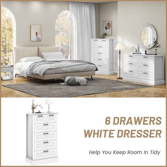White 6 Drawer Dresser, 47'' Tall Modern Vertical Chest of Drawers with Painted Wood, Storage Dressers for Bedroom, Living Room, Hallway, Entryway, White