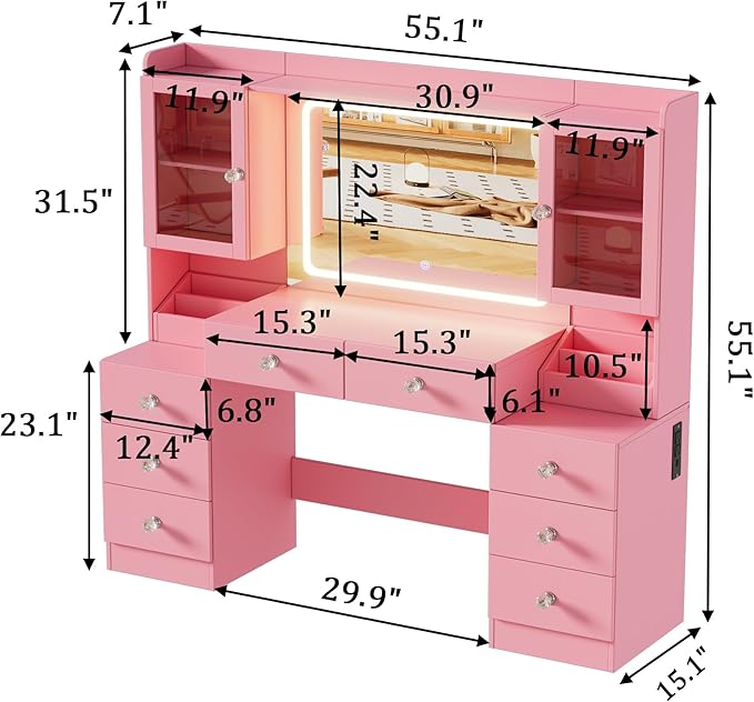 PAKASEPT 55.1" Large Vanity Desk with Mirror and Lights, Makeup Vanity with Power Outlet and 8 Drawers, 3 Lighting Modes Adjustable Vanity Table for Girl Women (Pink)