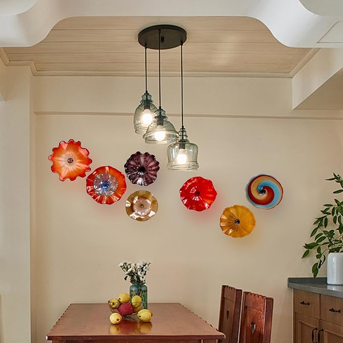 Hand Blown Glass Wall Plates Decor, Modern Unique Glass Wall Art, Murano Blown Glass Wall Art with Transparent and Easy to Clean for Staircase, Living Room, Kitchen, Hallway