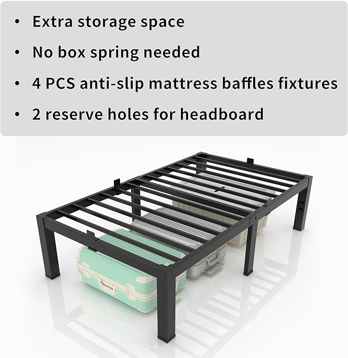 MAF Twin Bed Frames 14 Inch Metal Platform BedFrame with Black Heavy Duty Steel Slat Support Noise Free Twin-Bed-Frame, No Box Spring Needed