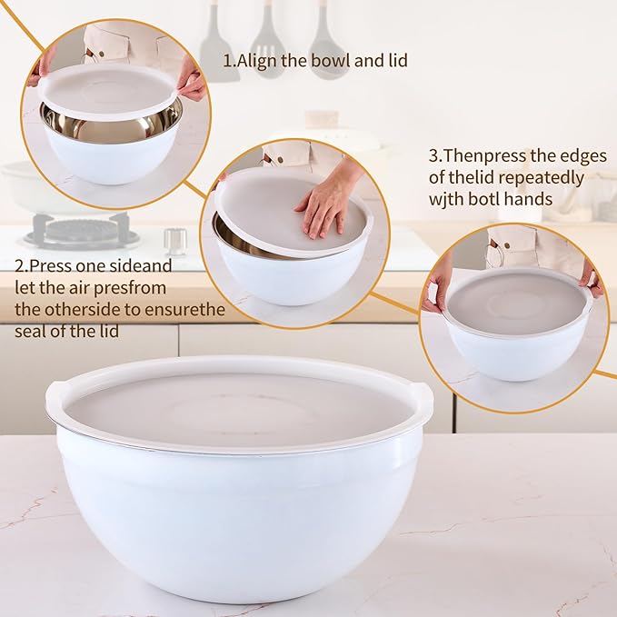 White Mixing Bowls with Airtight Lids, Stainless Steel Nesting Mixing Bowls Set of 7, Ideal for Baking, Prepping and Serving Food, Size 7, 3.6, 2.7, 2.1, 1.5, 1.1,0.8 QT, Stackable Design