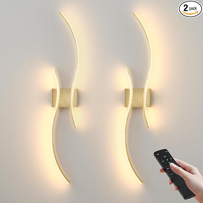 Battery Operated Wall Sconces Set of Two with Remote Control, Stepless Colors 3000K-6000K & Dimming, LED Brass Wireless Wall Light for Living Room, Hallway, Bedroom, 39.3 Inch (2 Pack)