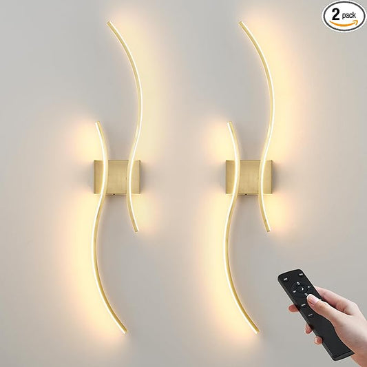 Battery Operated Wall Sconces Set of Two with Remote Control, Stepless Colors 3000K-6000K & Dimming, LED Brass Wireless Wall Light for Living Room, Hallway, Bedroom, 39.3 Inch (2 Pack)