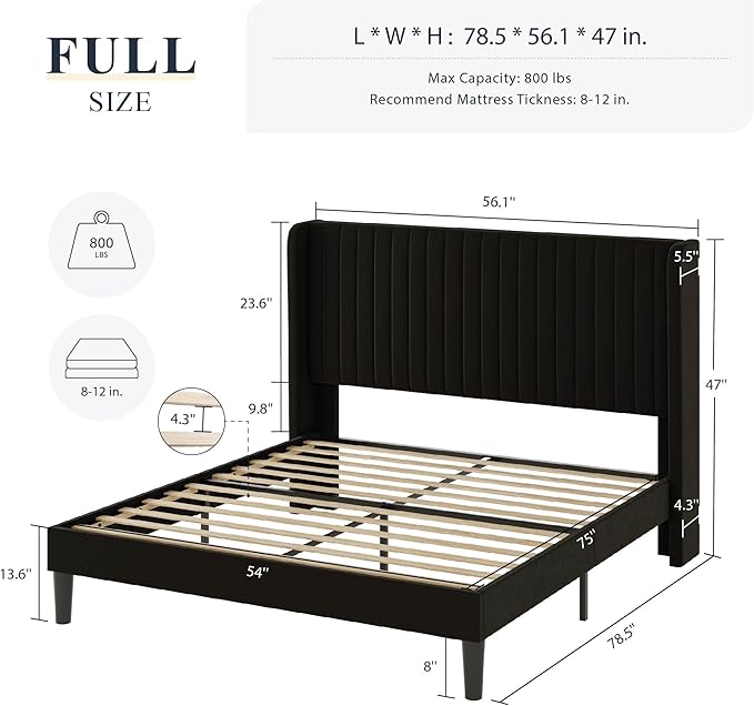 Allewie Full Size Velvet Bed Frame/Vertical Channel Tufted Wingback Headboard/Upholstered Platform Bed/Strong Wooden Slats/No Box Spring Needed/Easy Assembly/Black