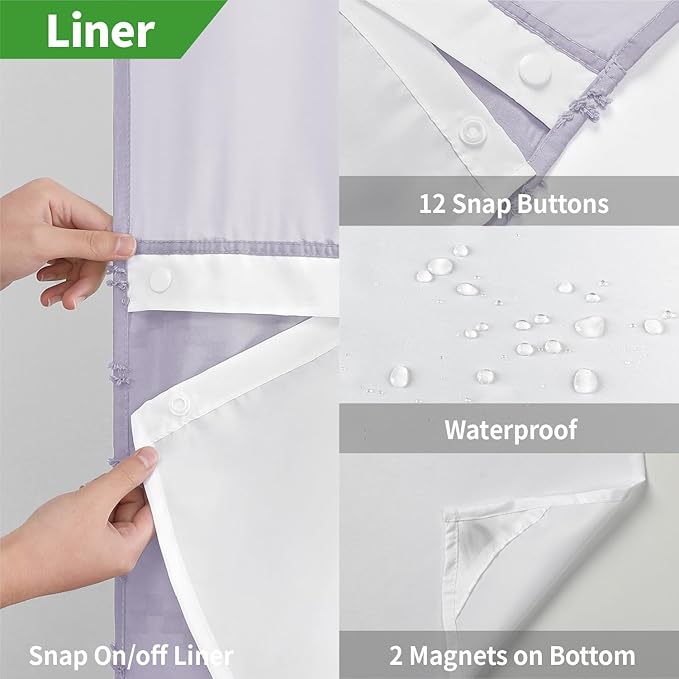 No Hook Boho Farmhouse Shower Curtain with Snap-in Fabric Liner set-71Wx74H(72H),Tufted Chevron Striped Hotel Grade Cloth Shower Curtains for Bathroom with Window,Water Repellent,Lavender