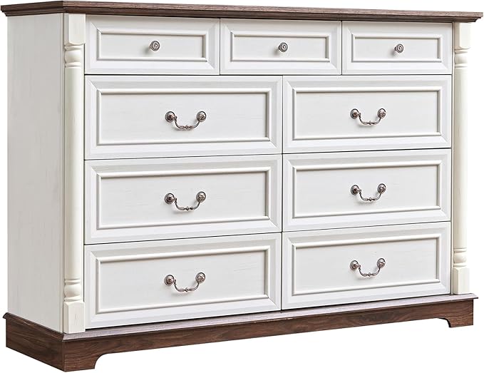 Farmhouse 9 Drawer Dressers for Bedroom, 54" Wood Dresser with Deep Drawers & Roman Column, Big Chest of Drawers for Living Room, Hallway, Antique White