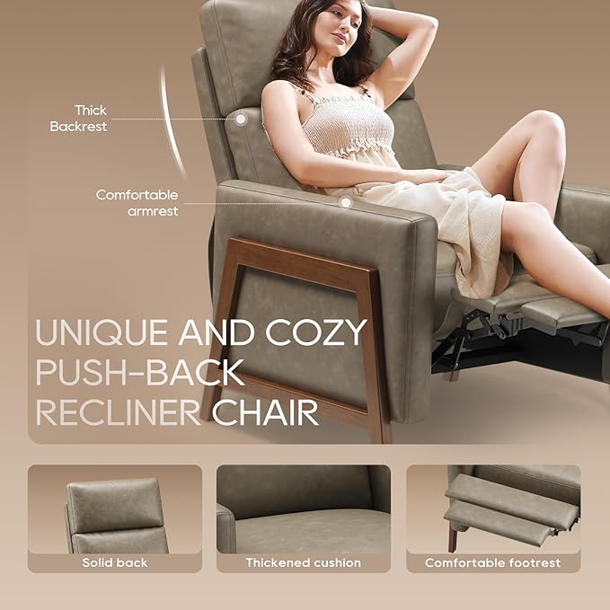COLAMY Push Back Recliner Chair,Mid Century Modern Wingback Chair, Comfy Armchair PU Leather Living Room Chairs with Wood Legs Reclining Chair Adjustable, Grey