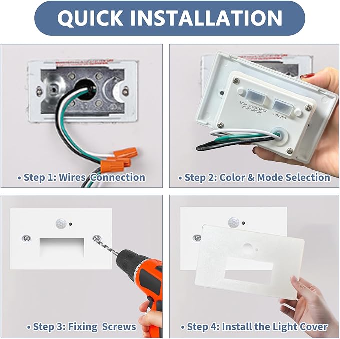 4 Pack Motion Sensor Stair Lights Indoor Outdoor, 120V Hardwired Motion Activated Step Lights, 4W 300LM Dimmable Staircase Light, 5CCT Stairway Light, 2700K/3000K/4000K/5000K/6500K, ETL, White