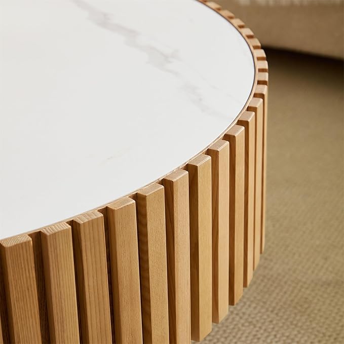 Round Coffee Table for Living Room, Accent Fluted Drum Stone Coffee Table with Storage, Modern Solid Wood Circle Center Tea Table for Small Space Apartment (35.4''D×14''H-Natural)