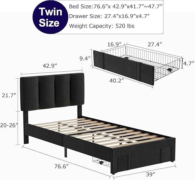 VECELO Twin Size Bed Frame with Storage Drawer, Heavy-Duty Platform Bedframe with Headboard & Strong Wooden Slats Support, No Box Spring Needed, Black