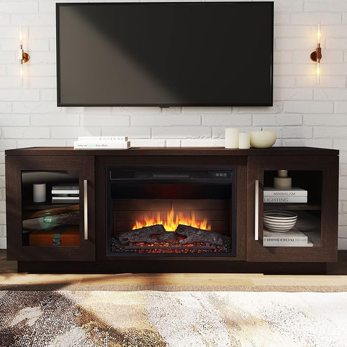 Cheerway 3D Fireplace TV Stand for TVs up to 65’’, Wooden Media Entertainment Center Table & TV Cabinets w/ 6 Storage Shelves & Barn Door, Electric Fireplace w/Remote Control & Adjustable Flame