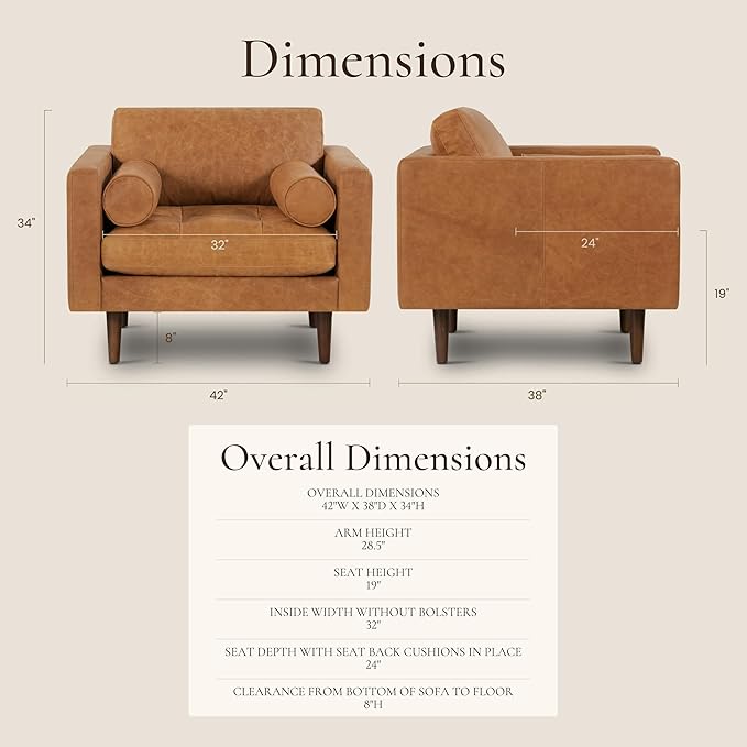 Poly & Bark Napa Lounge Chair - Leather Chair with Tufted Back - Full-Grain Living Room Armchair with Feather-Down Topper - Single Couch - Vintage Italian Leather in Cognac Tan