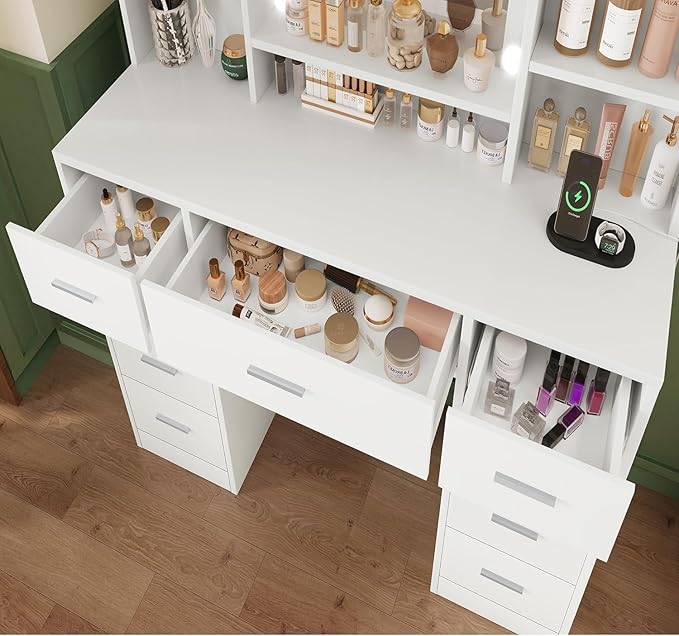 Quimoo 47.2" Large Vanity Desk with Mirror and Lights, White Makeup Vanity with 11 Drawers & 6 Open Shelves, 3 Color Modes & Adjustable Brightness for Girls Bedroom