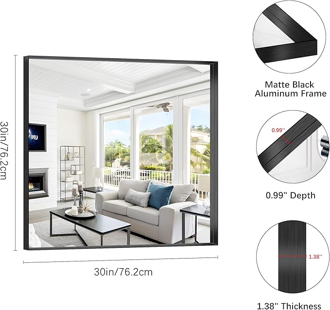 Black Bathroom Mirror, 30x30 Inch Rectangular Framed Mirror, Large Wall Mounted Bathroom Vanity Mirror Over Sink for Bedroom,Restroom, Living Room, Hangs Vertically or Horizontally