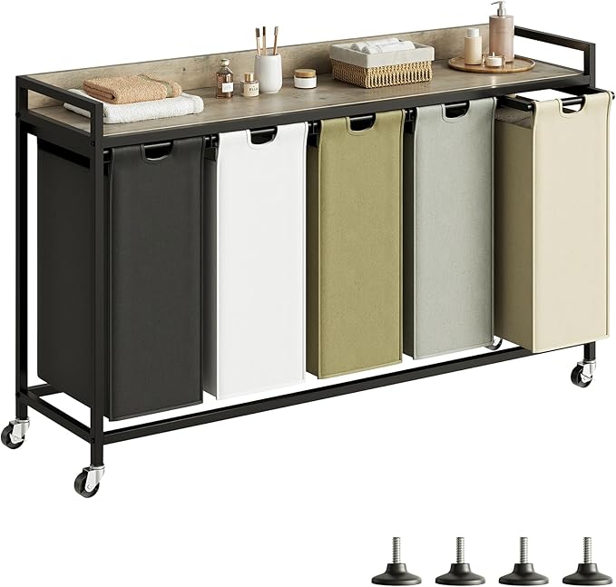 Laundry Hamper with Shelf, Laundry Basket 5 Section, Laundry Sorter with Pull-Out Removable Large 5 Color Bags and Movable Wheels, Metal Frame, 5 x 15.87 Gallons (60L), Greige PF08XLZ