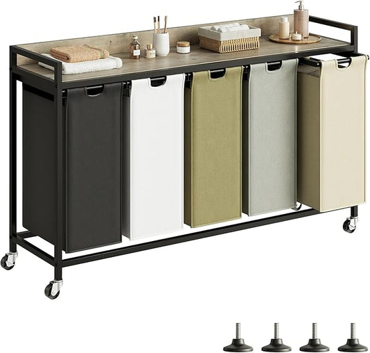 Laundry Hamper with Shelf, Laundry Basket 5 Section, Laundry Sorter with Pull-Out Removable Large 5 Color Bags and Movable Wheels, Metal Frame, 5 x 15.87 Gallons (60L), Greige PF08XLZ