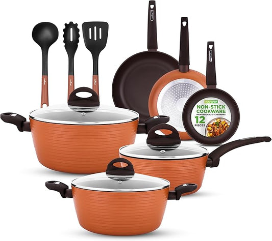 NutriChef Professional 12-Piece Brown Nonstick Cookware - PFOA/PFOS-Free, Heat Resistant Lacquer, Elegant Design, Multi-Sized Pots and Pans