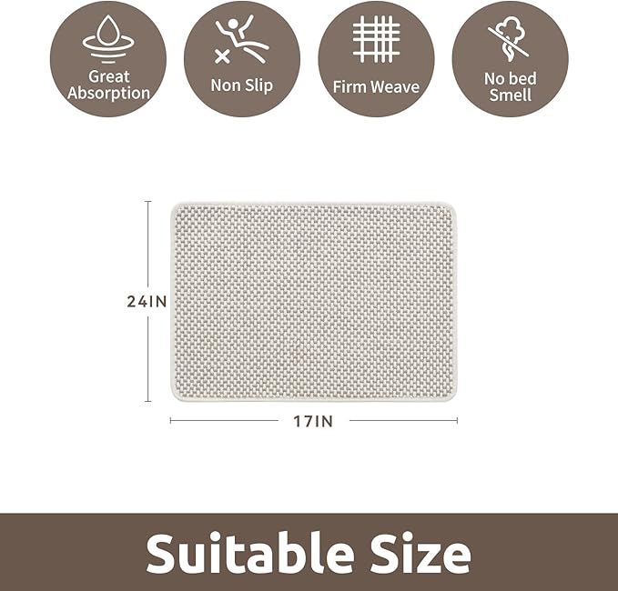AMOAMI Chenille Bath Mat Super Absorbent Bathroom Mat Quick Dry Bath Mats for Bathroom Rubber Backed Bathroom Rugs Non Slip Washable Fit Under Door, Front of Bathtub, Sink, Beige&White 17"x24"