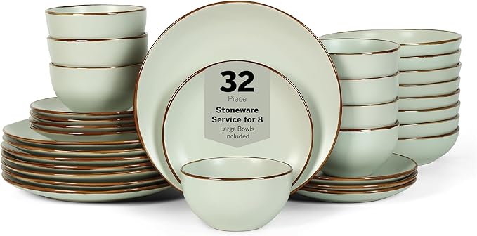 Stone Lain Brasa Modern Stoneware 32 Piece Dinnerware Sets, Plates and bowls Sets, Dish Set for 8, Light Green