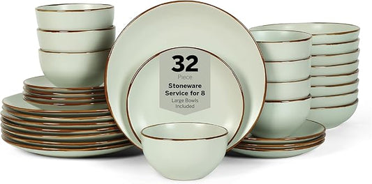 Stone Lain Brasa Modern Stoneware 32 Piece Dinnerware Sets, Plates and bowls Sets, Dish Set for 8, Light Green