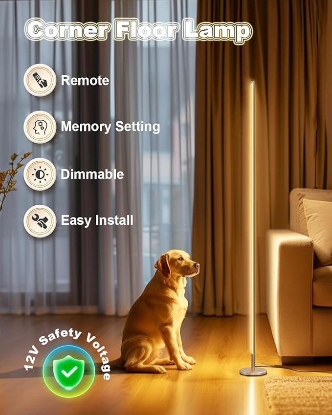 TACAHE Minimalist Corner Floor Lamp - 2700K-6500K Dimmable LED Night Light - Modern Standing Mood Lamp with Remote Control for Living Room, Bedroom - 57" 12W - Gold - 1Pack