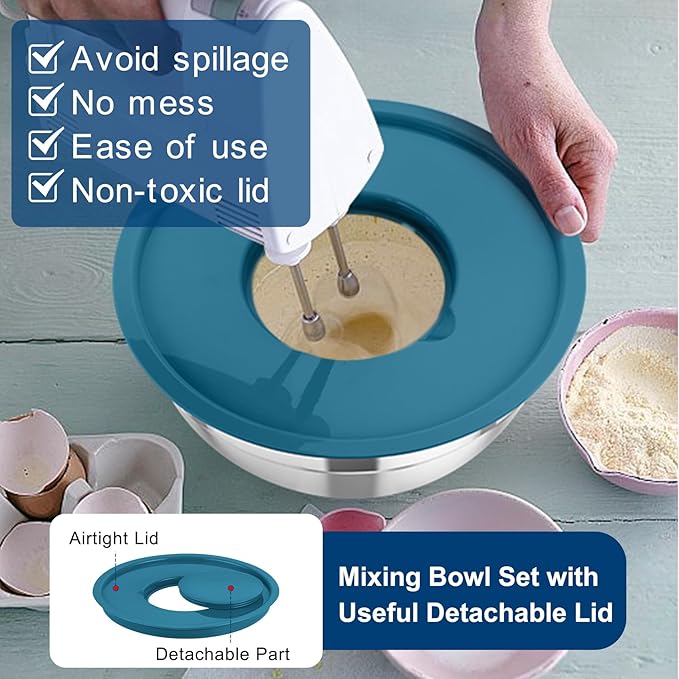 TeamFar Mixing Bowls with Lids, 5PCS Stainless Steel Metal Salad Bowl with 3 Grater Attachments, for Cooking, Prepping, Serving, Healthy, Airtight Lids & Easy Clean - 0.7/1 / 1.5/2.6/4.6QT