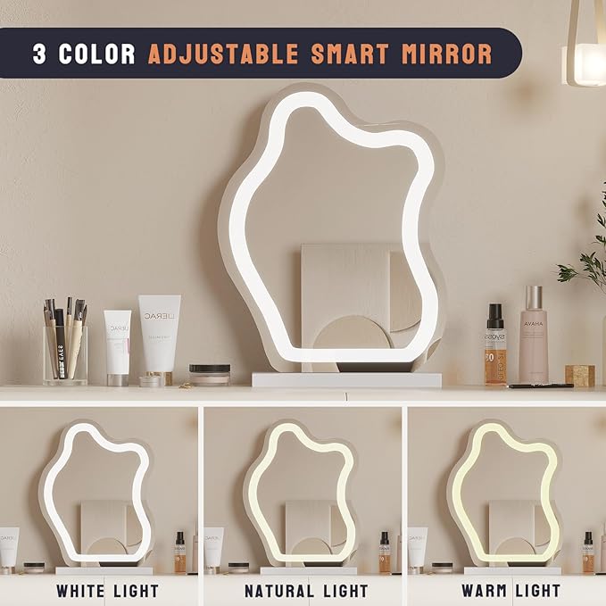 Makeup Vanity Desk with Mirror and Lights, Luxury Dressing Table with Free Retractable Side Cabinet, Microfibre Leather Wrapped Vanity Set with 5 Solid Wood Drawers, Stool-39.4in / White