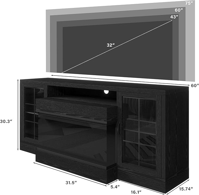 CharaVector 3-Sided Farmhouse TV Stand for TVs up to 75'', Modern TV Console with Glass Door Storage Cabinet, 60'' Large TV Stands for 30''Fireplace, Black (ONLY TV Stand)