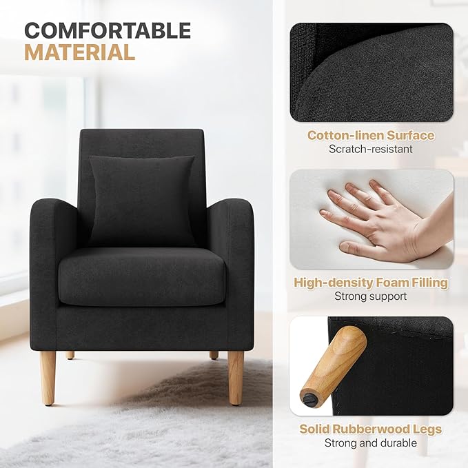 Magshion Mid-Century Accent Chair for Living Room, Comfy Reading Chair for Bedroom, Upholstered Linen Fabric Armchair Single Sofa with Back Pillow & Wood Legs, 300 lbs Capacity, Black
