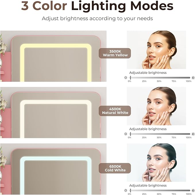 Small Vanity Desk, Makeup Vanity with Mirror and Lights, Vanity Desk with Drawer & 3 Storage Shelves, Pink Makeup Vanity Desk with Lights for Bedroom