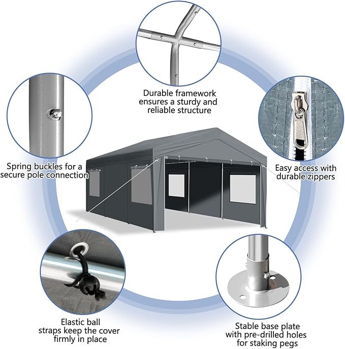 VINGLI 12x20 Carport Canopy Portable Garage with Roll-up Windows & Removable Sidewalls, Car Canopy Heavy Duty Car Tent Garage for SUV, Boats, RVs, Trucks (with Sidewalls)