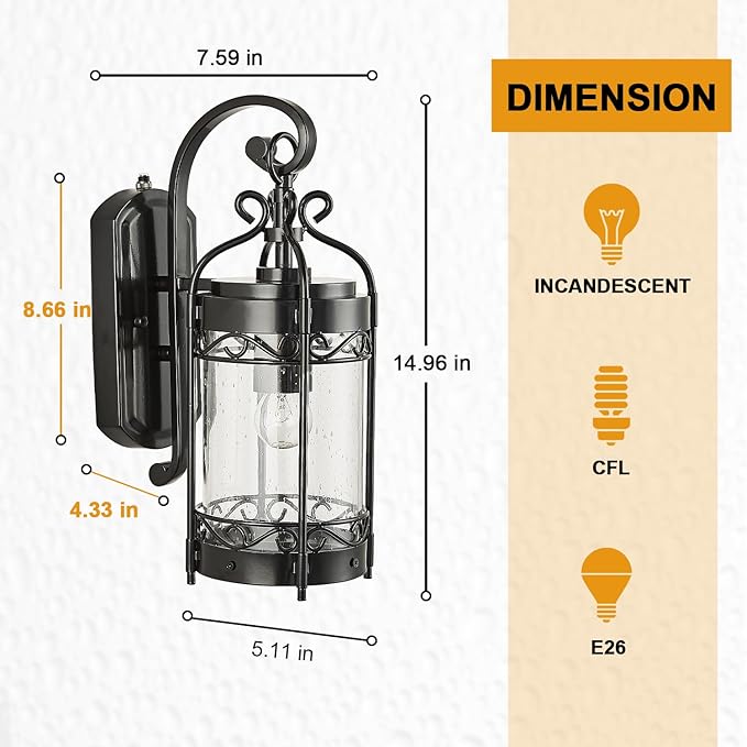 Dusk to Dawn Sensor Outdoor Wall Sconce,14.96" H Vintage Exterior Light Fixture with IP65 Waterproof,Classical European Style Porch Light with Bubble Glass for Garage Yards Patio