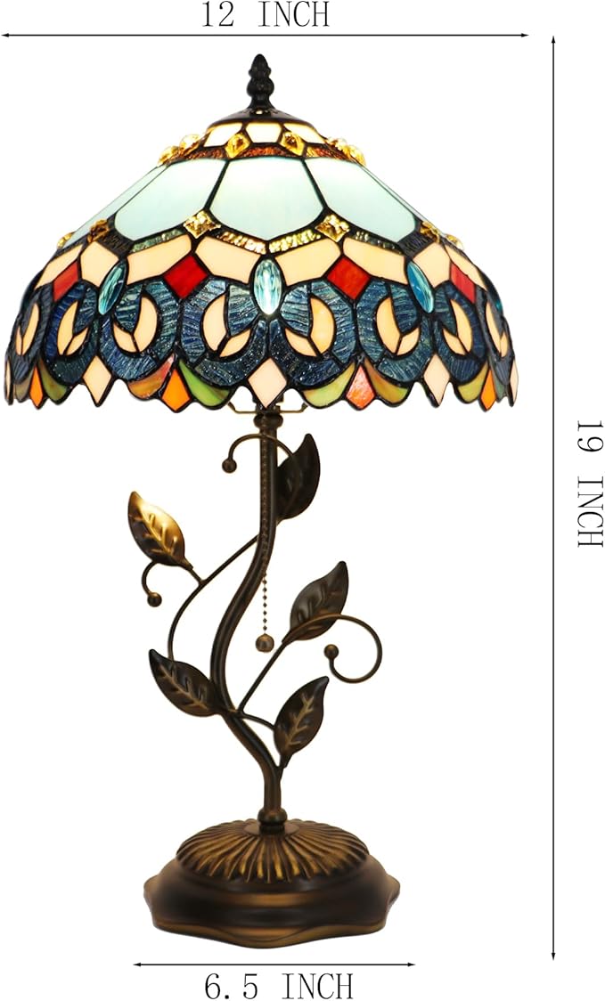 Tiffany Table Lamp, Stained Glass Desk Light, W12H19 Inch, Metal Leaf Base (Sapphire Style)