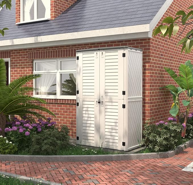 KINYING Outdoor Storage Shed Waterproof, Resin Vertical Storage Cabinet Double-Layered, Versatile to Store Patio Furniture, Garden Tools, Pool Accessories,Mower (66 Cu.ft,White)