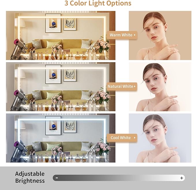 VOWNER Vanity with Lighted Mirror - 47" Makeup Vanity Desk with 9 Drawers and Power Outlet, 3 Color Lighting Modes Adjustable Brightness, Makeup Desk with Soft Cushioned Stool for Bedroom, White