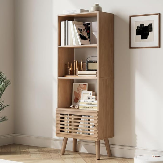 Small Narrow Corner Bookcase, 55" H Mid-Century Modern Bookshelf with Slatted Door, 4 Cube Bookcase with Open Shelf, Display Storage Cabinet for Living Room, Home Office, Oak