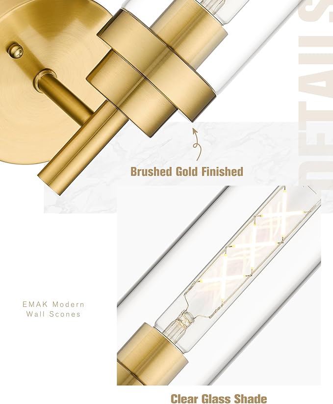 Emak Brushed Gold Sconce, Bathroom Vanity Light with Clear Glass Shade, Modern Wall Light Fixtures for Bathroom, Mirror, Hallway, Bedroom, WS085-BGD