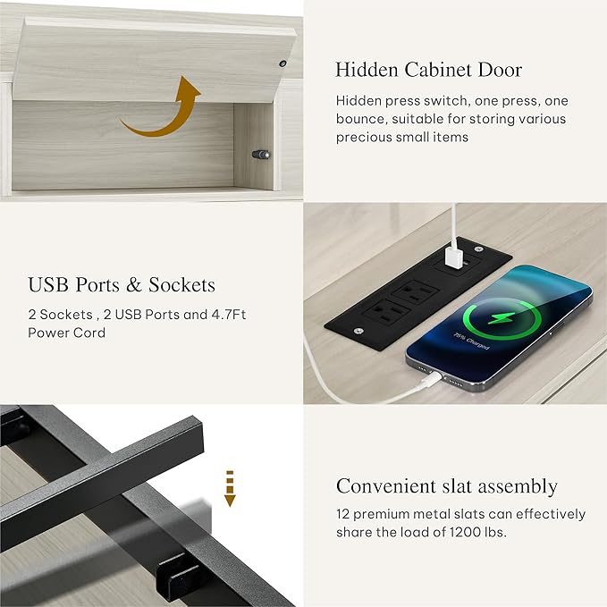 YITAHOME King Bed Frame with Bookcase Headboard and 4 Storage Drawers, RGB LED Light Bed with Type-C & USB Charging Station Storage Headboard Bed Frame, No Box Spring Needed, Noise Free, Antique White