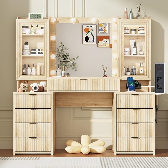 55" Fluted Makeup Vanity Desk with Large Mirror and Lights, Modern Glass Top Big Vanity Table with 9 Drawers & Open Storage Shelves, Dressing Table w/Charging Station for Bedroom, Oak