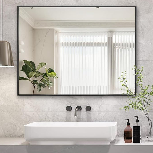 26x40 Inch Black Bathroom Mirror, Copper-Free Mirror, Aluminum Alloy Frame Vanity Mirror, Rectangle Wall Mounted Mirror, Modern Mirror for Bedroom/Living Room/Porch Horizontal or Vertical