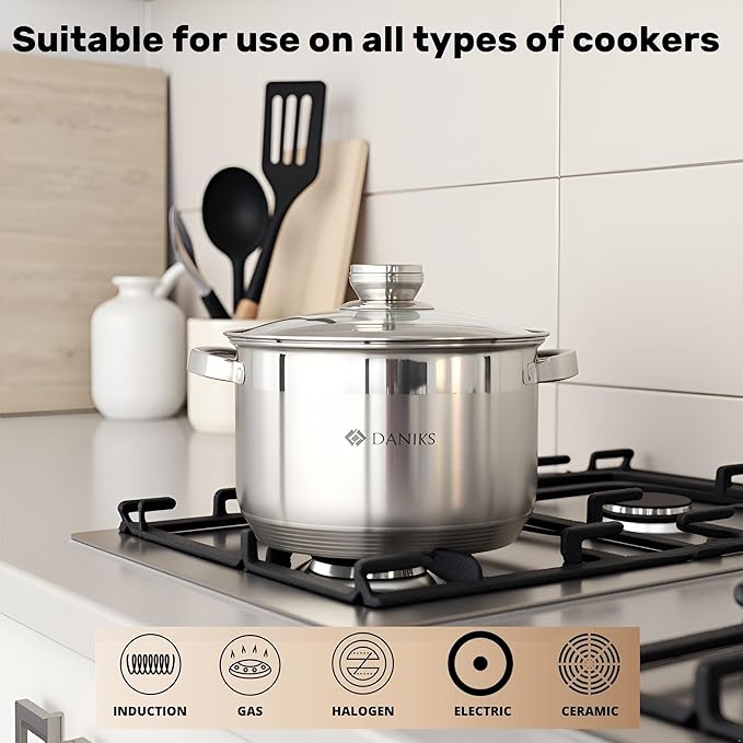 Daniks Standard Stainless Steel Stock Pot with Glass Lid – Induction 4 Quart, Dishwasher Safe, Measuring Scale, For Soup, Pasta, Stew, Silver