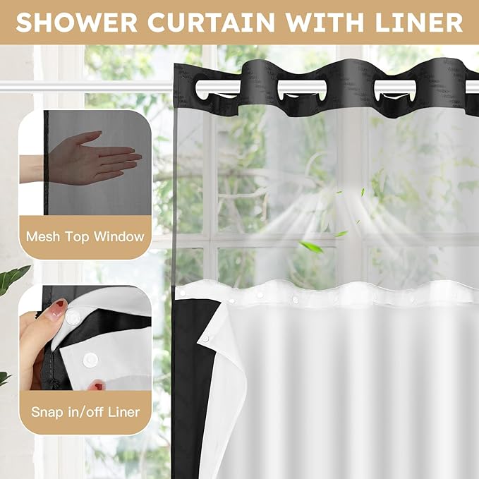 No Hook Shower Curtain and Snap in Liner Set Black Tufted Chevron Striped Cloth Waterproof Washable Fabric Boho Farmhouse Bath Curtain See Through Mesh Top Window for Bathroom Hotel 71" x 86"